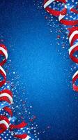 Festive Blue Background With Red and White Ribbons and Stars for Celebration. photo