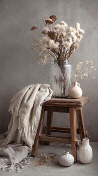 Rustic Wooden Stool With Dried Flowers in a Vase and Soft Textiles in a Serene Indoor Setting photo