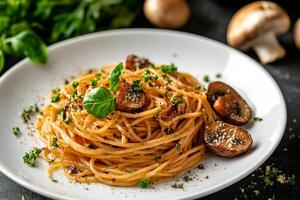 Delicious Spaghetti With Mushrooms and Herbs Served on a White Plate photo