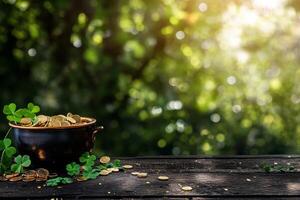 Pot of Gold Surrounded by Clovers on Wooden Table in Serene Outdoor Setting photo