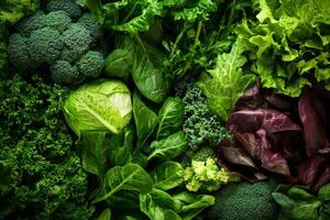 Fresh Assortment of Greens and Leafy Vegetables From a Local Market Displayed on a Wooden Surface photo