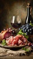 Delicious Charcuterie Board With Wine and Fresh Grapes Displayed on Rustic Wooden Table. photo