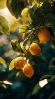 Fresh Lemons Hanging From a Tree Branch Under Soft Sunlight in a Peaceful Garden Setting. photo