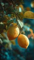 Fresh Lemons Hanging From a Tree Branch Under Soft Sunlight in a Peaceful Garden Setting photo