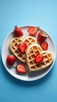 Heart-shaped Waffles With Fresh Strawberries Served on a White Plate photo