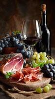 Delicious Charcuterie Board With Wine and Fresh Grapes Displayed on Rustic Wooden Table photo