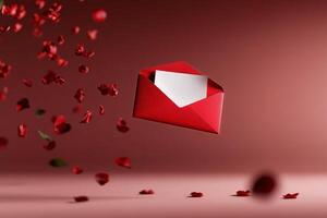 Red Envelope With Floating Rose Petals Creates a Romantic Atmosphere for Love Letters photo
