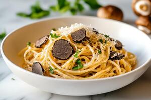 Delicious Spaghetti With Truffles and Parmesan Served in a Stylish Bowl photo