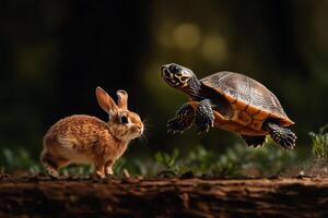 Rabbit and Turtle Encounter in a Lush Forest During Afternoon Light photo
