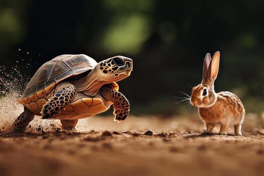 Turtle and Rabbit Engaged in a Playful Chase Under Soft Sunlight in a Forest Clearing. photo