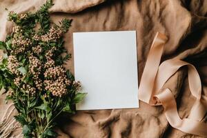 Blank Paper Surrounded by Fresh Greenery and Blooms on a Textured Fabric Background. photo