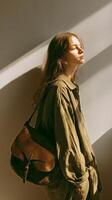 Portrait of a Young Woman With a Bag Basking in Sunlight Indoors photo