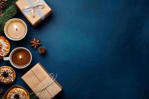 Delightful Holiday Treats and Gifts Arranged on a Festive Table With Green Foliage Accents. photo