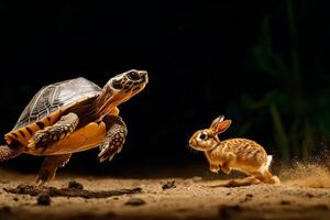 Turtle and Rabbit Engaged in a Playful Chase Under Soft Sunlight in a Forest Clearing photo