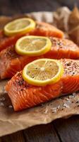 Fresh Salmon Filets Topped With Lemon Slices on Rustic Wooden Table photo