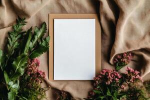 Blank Paper Surrounded by Fresh Greenery and Blooms on a Textured Fabric Background photo