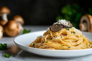 Delicious Spaghetti With Truffles and Parmesan Served in a Stylish Bowl. photo
