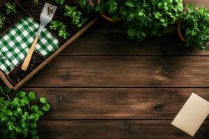 Garden Preparation and Planting Herbs on Wooden Table in Bright Environment photo