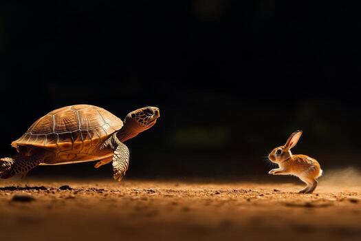 Rabbit and Turtle Encounter in a Lush Forest During Afternoon Light. photo