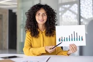 A businesswoman presents a financial chart, pointing with a pen during a business meeting, smiling at the camera in an office. photo