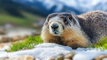 Marmot In Alpine Landscape With Snow And Grass. Wildlife In Natural Habitat photo