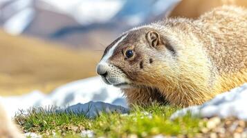 Marmot In Alpine Meadow With Snowy Background. Wildlife In Natural Habitat photo