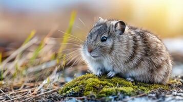 Cute Hamster Sitting On Mossy Ground In Natural Habitat. Wildlife Photography Capturing Small Rodent In Serene Outdoor Setting photo