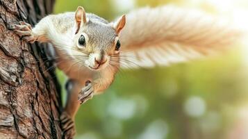 Squirrel Leaping From Tree With Blurred Background. Captures Agility And Curiosity In Nature photo