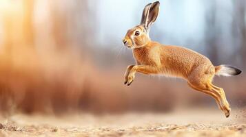 Hare Leaping In Natural Habitat With Blurred Background. Symbol Of Speed And Agility In Wildlife photo