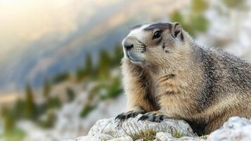 Marmot On Rocky Mountain Landscape. Wildlife In Natural Habitat photo
