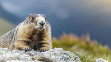 Marmot On Rocky Terrain In Mountainous Landscape. Wildlife In Natural Habitat photo