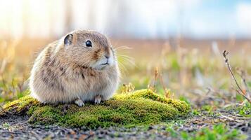 Cute Pika Sitting On Mossy Ground In Sunlit Meadow. Wildlife And Nature Photography photo