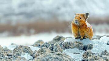 Pika On Rocky Terrain In Snowy Landscape. Wildlife In Cold Habitats photo