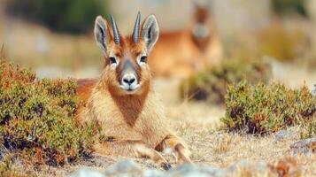 Young Chamois Resting In Mountainous Habitat. Wildlife In Natural Environment photo