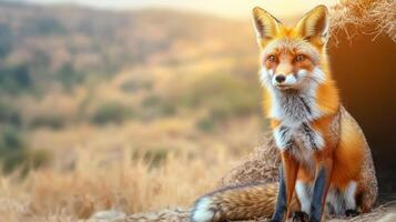 Red Fox Sitting In Natural Habitat With Blurred Background. Wildlife Photography Capturing The Beauty Of Nature photo