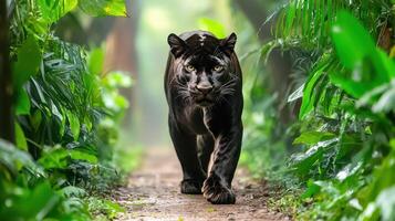 Black Panther Walking Through Lush Green Jungle Path. Majestic Predator In Natural Habitat photo