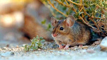 Mouse In Natural Habitat Among Plants And Rocks. Wildlife Photography Capturing Small Rodent In Its Environment photo