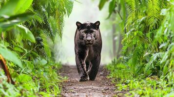 Black Panther Walking Through Lush Green Jungle Path photo