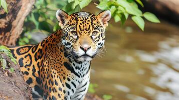 Jaguar In Natural Habitat Near Water. Majestic Predator In The Wild photo