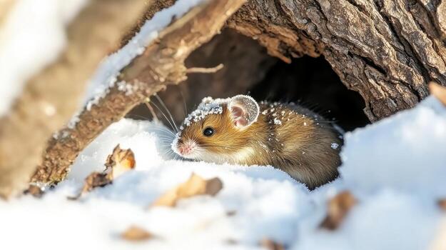 Mouse Nestled In Snowy Tree Hollow During Winter. Wildlife Survival In Cold Environments photo