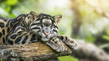 Clouded Leopard Resting On Tree Branch In Lush Green Forest. Wildlife Conservation And Natural Habitat photo