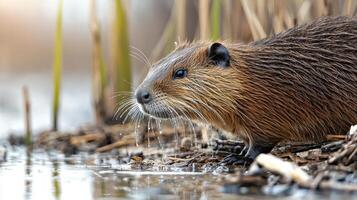 Nutria By The Water'S Edge In Natural Habitat. Wildlife And Nature Photography photo