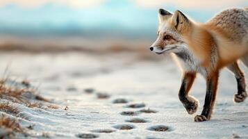 Red Fox Walking On Snowy Landscape With Paw Prints. Wildlife In Winter Habitat photo
