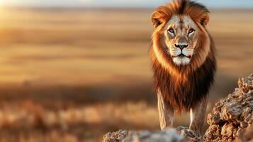 Majestic Lion Standing On Rocky Terrain At Sunset. Symbol Of Strength And Wilderness photo