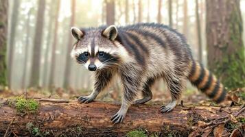 Raccoon Walking On A Moss-Covered Log In A Forest. Wildlife Exploration And Natural Habitat photo