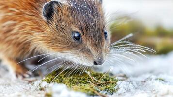 Close-Up Of A Small Rodent With Frosty Whiskers In A Snowy Environment. Winter Wildlife Adaptation And Survival photo
