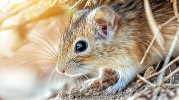 Close-Up Of A Gerbil In Natural Habitat. Small Rodent Exploring Its Environment photo