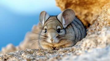 Chinchilla Resting On Rocky Terrain With Blue Sky Background. Wildlife In Natural Habitat photo