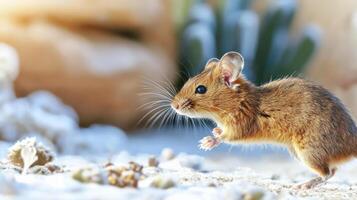Mouse In Natural Habitat On Snowy Ground. Wildlife In Winter Environment photo