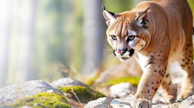 Cougar Prowling In Natural Habitat With Focused Gaze. Wildlife Photography Capturing Predator In Action photo